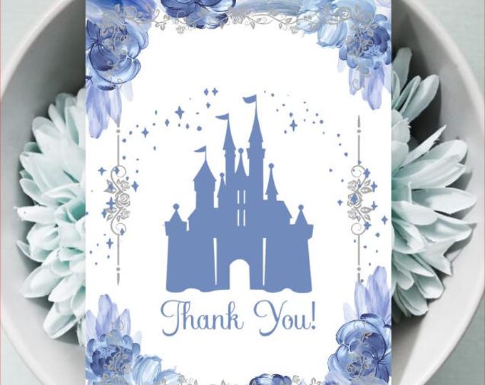 Printed Watercolor Blue Grey Castle Thank You Cards | Thank You Cards Wedding | Enchanted Rose Thank You Note Cards | #C5923