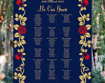 May include: A blue and gold wedding seating chart with a red rose design. The chart is titled "Heidi & Tom" and "Be Our Guest". The chart lists tables with names inspired by Disney's Beauty and the Beast.