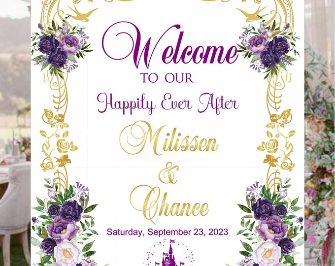 Wedding Welcome Sign Guestbook Alternative Personalized Fairytale Purple Rose Golden Cinderella Castle  #0824P