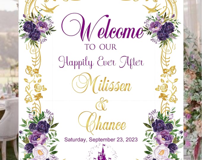 Wedding Welcome Sign Guestbook Alternative Personalized Fairytale Purple Rose Golden Cinderella Castle  #0824P