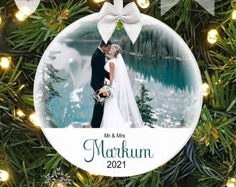 MR & MRS First Christmas Wedding Custom Holiday Glass Photo Ornament Keepsake - Large Over 3 Inch