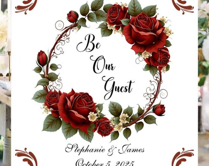 Enchanted Red Rose Be Our Guest Wedding Welcome Sign Guest Book Alternative | Unique Wedding Guestbook |  LovebirdsLane #WS530-2P