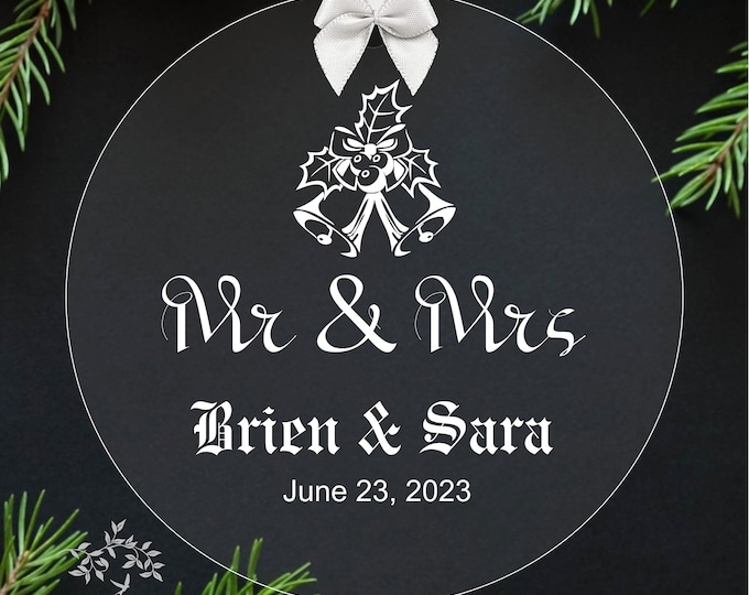 Mr & Mrs Engraved First Christmas Wedding Custom Holiday Glass Ornament Keepsake - Large Over 3 Inch lovebirdslane  O-22-4