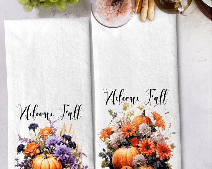 Welcome Fall Tea Towels Personalized Vintage Pumpkin Tea Towel Gift Set | Personalized Kitchen Hand Towel Gift Set lovebirdslane