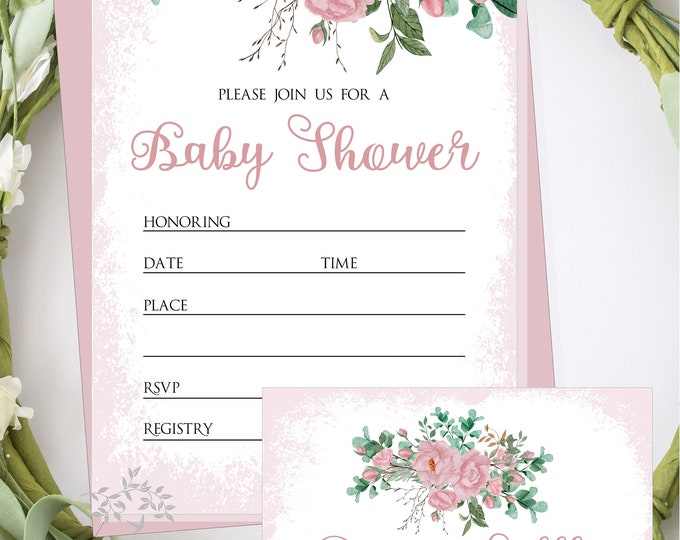 Instant Downalod Floral Baby Shower Invitation | Diaper Raffle Ticket | Its a Girl Pink Boho Fill-in Invites for Baby Shower #I0310D