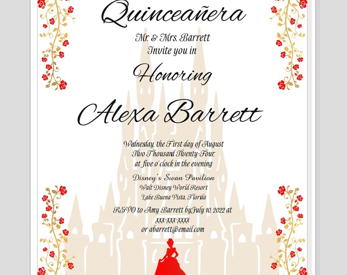 Personalized Cinderella Red Gold Invitation | Princess Wedding Invitation | Calligraphy Wedding Invitation WI517-3