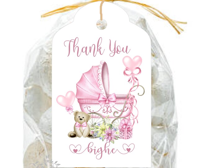 Pink Baby Shower Thank You Gift Tags | Baby Stroller Baby Bear Thank You Cards | Personalized Thank You Card | lovebirdslane #T204