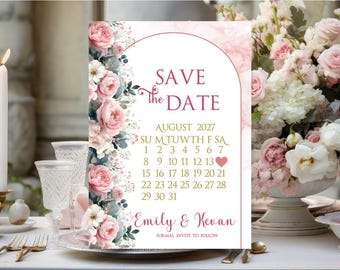 Personalized Blush Floral II Save The Date Calligraphy Wedding Invite #I-705P2