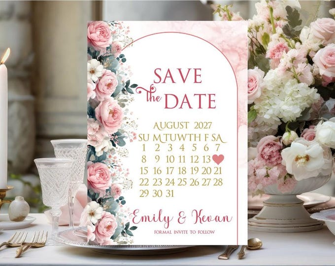 Personalized Blush Floral II Save The Date Calligraphy Wedding Invite #I-705P2