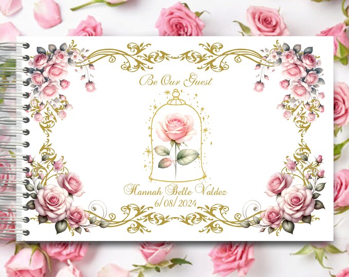 Personalized Enchanted Rose Blush Wedding Guest Book Princess Carriage Photograph Guest Book | Memory Journal or Quince Guestbook #GB-0527