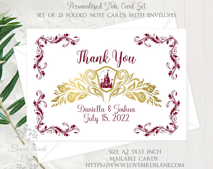 Printed Cinderella Castle Thank You Cards Wedding | Burgundy Faux Gold Minimalist Thank You Card Notes | Thank You Note Cards | Item #C0619