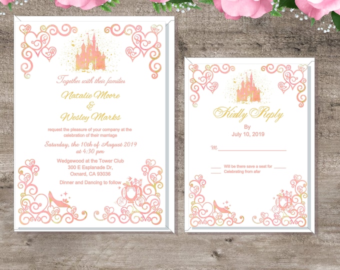 Watercolor Castle Enchanted Fairy Tale  Wedding Invitation and RSVP Card | Princess Wedding Invitation | Calligraphy Wedding Invitation