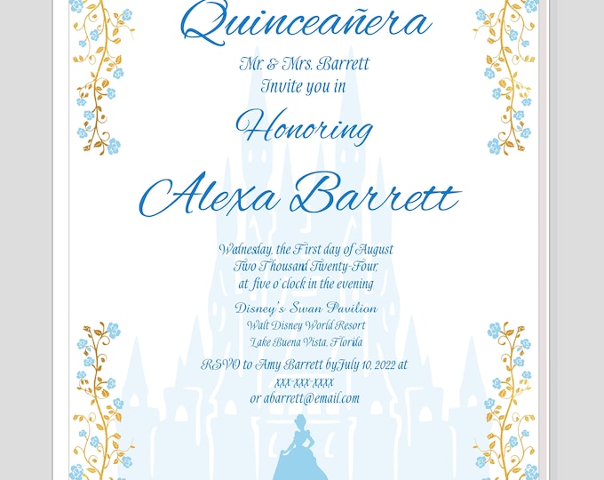 Personalized Cinderella Blue Invitation | Princess Wedding Invitation | Calligraphy Wedding Invitation WI517