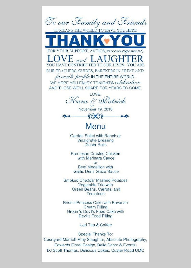 DYI Printable Rockwell Modern Wedding Menu Thank You Card Personalized Menu by lovebirds Lane