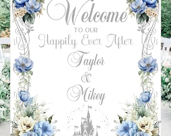 Digital Wedding Welcome Sign Personalized Fairy Tale Cinderella Castle Wedding Welcome Sign Dusty Blue and Silver lovebirdslane #S0201-1D
