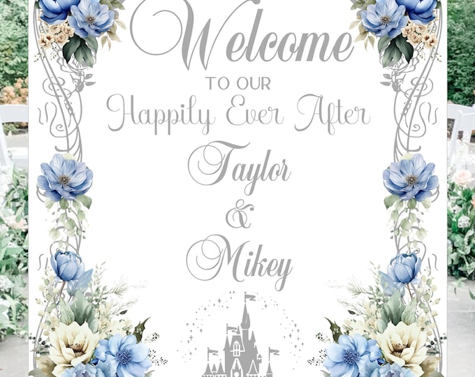 Digital Wedding Welcome Sign Personalized Fairy Tale Cinderella Castle Wedding Welcome Sign Dusty Blue and Silver lovebirdslane #S0201-1D