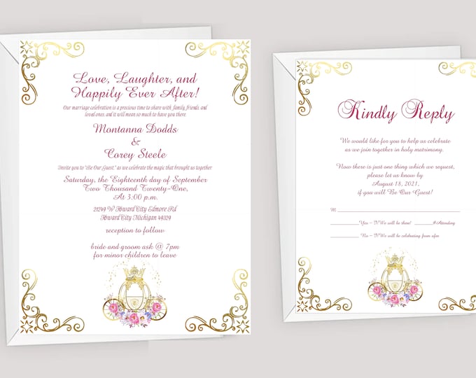 Enchanted Blush Cinderella Carriage Wedding Invitation with Reply Card | Calligraphy Wedding Invitation I64P