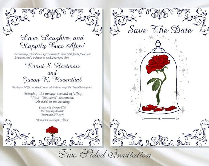 Enchanted Rose Beauty And The Beast Wedding Invitation | Wedding Invitation | Calligraphy Wedding Invitation | Lovebirdslane