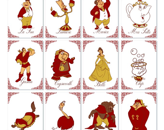 Crimson Beauty And The Beast Character Wedding Table Cards | Character Table Seating Cards |  | item TN-455 | lovebirdslane