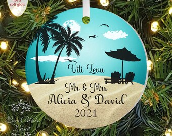 Beach Wedding Palm Tree Mr. and Mrs. Ornament First Christmas Ornaments Newly Engaged Ornament Gift - Lovebirdslane