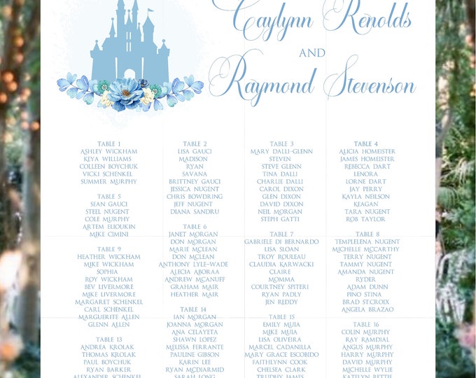 Digital Cinderella Blue Princess Wedding Seating Chart | Printable Wedding Seating Chart |  Wedding Seating Sign | lovebirdslane  #S-0812D