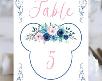 Blush Navy Floral Mickey Ears Wedding Table Number | Table Number Cards #TC0317P