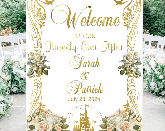 Personalized Fairy Tale White Rose Golden Cinderella Castle Wedding Welcome Sign #0706P