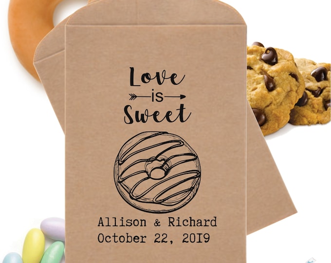 SAVE 30% OFF 24 Personalized Love Is Sweet Donuts Favor Bags Treat Bags Candy Bag Wedding Favors Engagement Favor bags