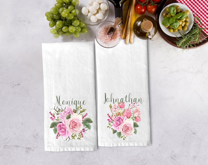 Personalized Vintage Rose Classic Family Name Soft Cotton Set of 2 Tea Towels | Personalized Kitchen Hand Towel Gift Set