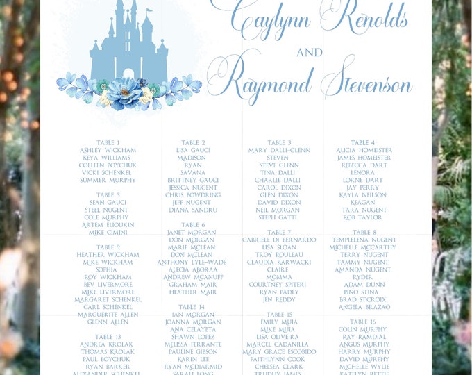 Cinderella Blue Castle Wedding Seating Table Sign Cinderella Seating Chart Wedding Welcome Sign S-0812P