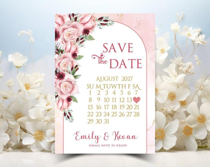 Personalized Blush Floral Save The Date Calligraphy Wedding Invite #I-705P1