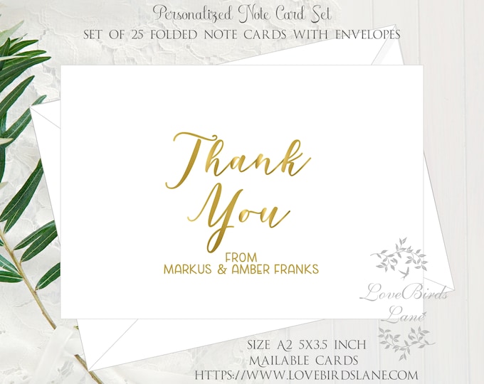 25 Personalized Thank You Cards Wedding | Faux Gold Minimalist Thank You Cards | Enchanted Carriage Thank You Note Cards | Item #C0609