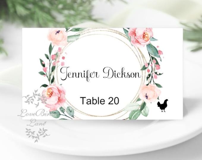 Printed Romantic Blush Wreath Floral | Printed Place Cards | Flat or Folded Place Cards with optional meal icons PC619-16