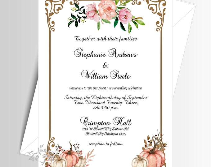 Blush Fall Invitation | Wedding Invitation | Calligraphy Wedding Invitation | Lovebirdslane #I-0704-4