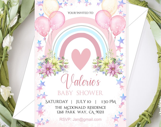 Rainbow Birthday Invitation Pastel Star Sparkle Rainbow Party Invite Girl Baby Shower Party Invite #I223P-10