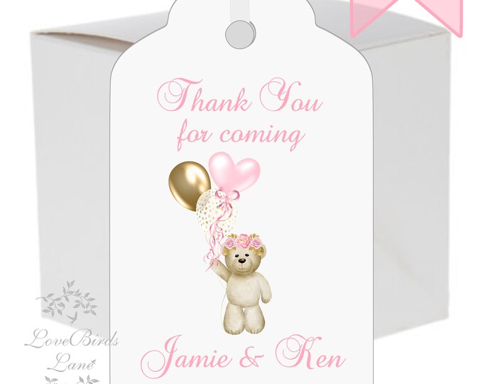 Personalized Pink Teddy Bear Baby Shower Thank You Cards | Personalized Thank You Card Gift Tags | lovebirdslane #T430-4