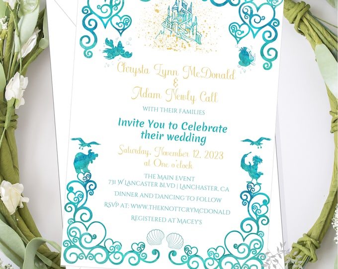 Watercolor Enchanted Fairytale Little Mermaid Wedding Invitation | Princess Wedding Invitation | Calligraphy Wedding Invitation #220712