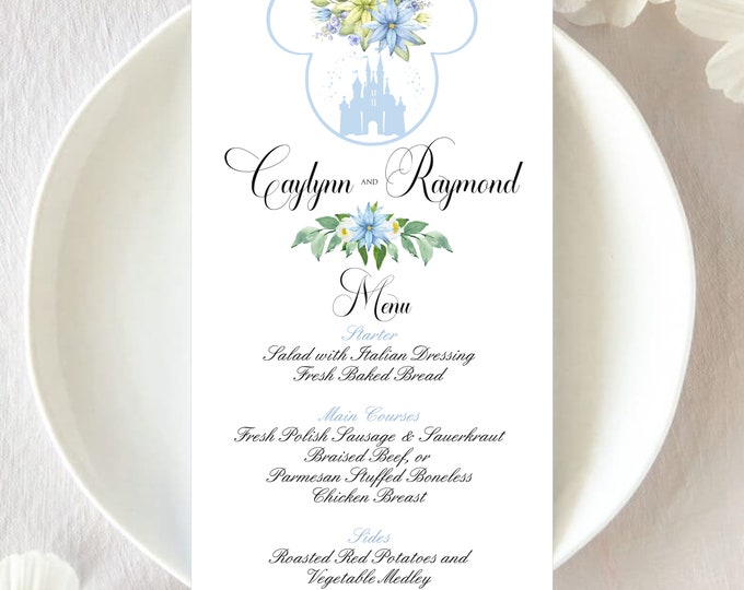 Personalized Blue Floral Wedding Menu | Disney Castle Table Menu Wedding Menu Guest Menu #220705-0
