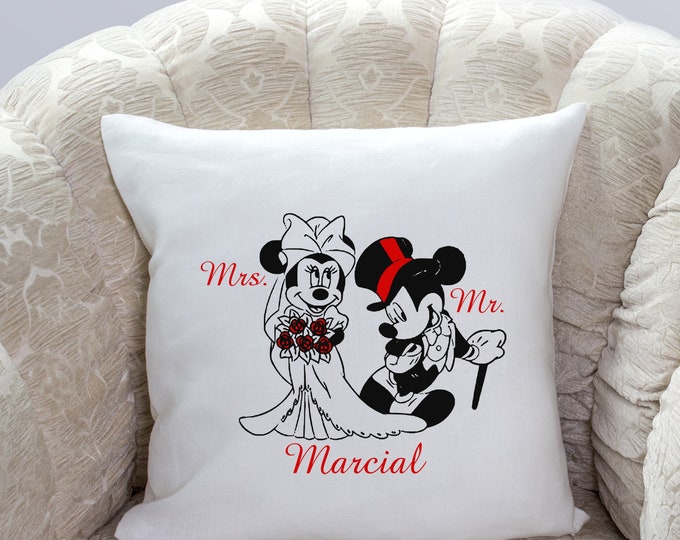 Personalized Mr. Mrs. Mickey Mouse Christmas Peach Skin Pillow Cover Wedding Keepsake #PC-102-3