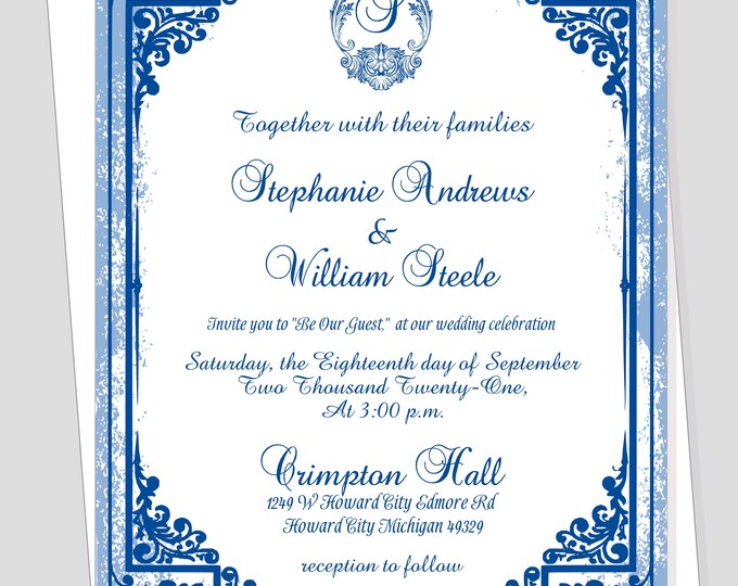 Royal Blue Modern Bride Wedding Invitation | Calligraphy Wedding Invitation #WI0518-2P