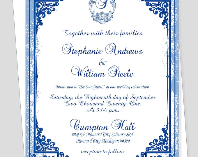 Royal Blue Modern Bride Wedding Invitation | Calligraphy Wedding Invitation #WI0518-2P