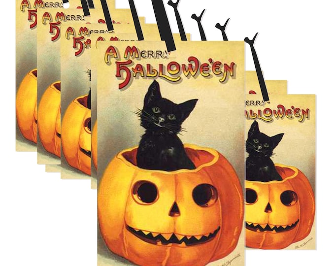 Vintage Halloween Card Black Cat In Pumpkin A Merry Halloween 3.5 x 2 inches with tag hole Vintage Halloween Gift tag