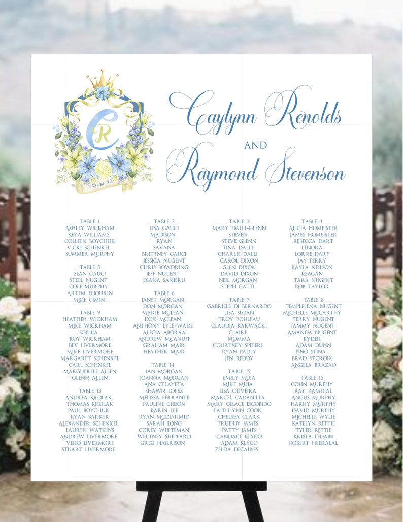 Blue and Yellow Floral Watercolor Monogram Crest Wedding Seating Chart

Available on www.lovebirdslane.com