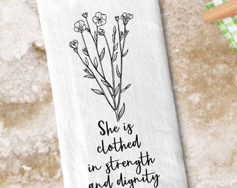 She Is Clothed In Strength And Dignity Proverbs 31:25 Tea Towel Gift | Personalized Kitchen Hand Towel #T21 lovebirdslane