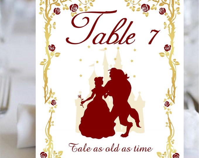 Beauty and The Beast Story Book Table Numbers Red and Gold - Order Only The Number Of Cards You Need!