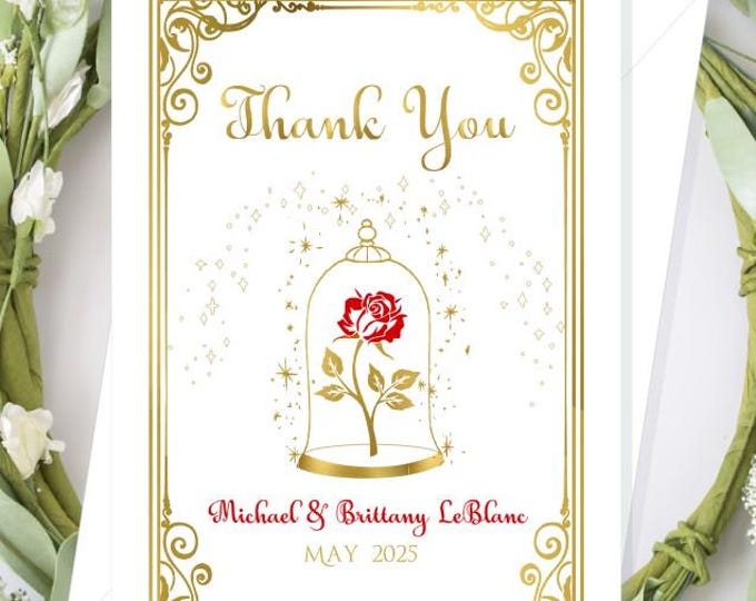 Printed Personalized Thank You Cards Wedding | Enchanted Rose II Thank You Cards | Beauty Beast Rose Thank You Note Cards | Item #C0606-1