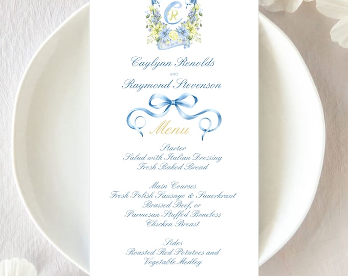 Wedding Menu | Watercolor| Personalized Blue Floral Seating Place Menu | Table Menu Wedding Menu | Guest Menu #220705-1