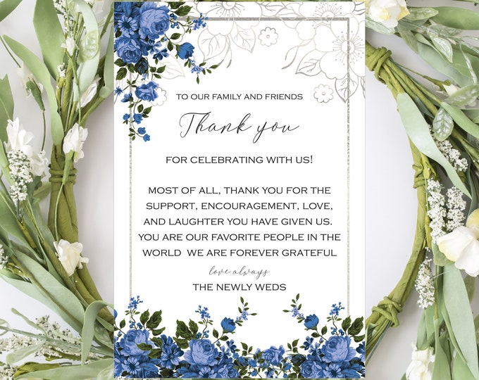 Printed Blue Rose Wedding Thank You Cards Spring Wedding Thank You Bridal Shower Thank You #0526-18