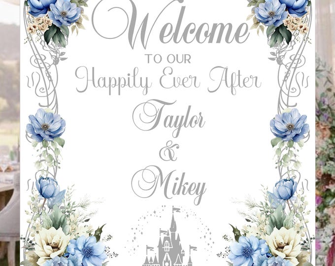 Wedding Welcome Sign Guestbook Alternative Personalized Fairytale Dusty Blue Silver Castle  #0201P