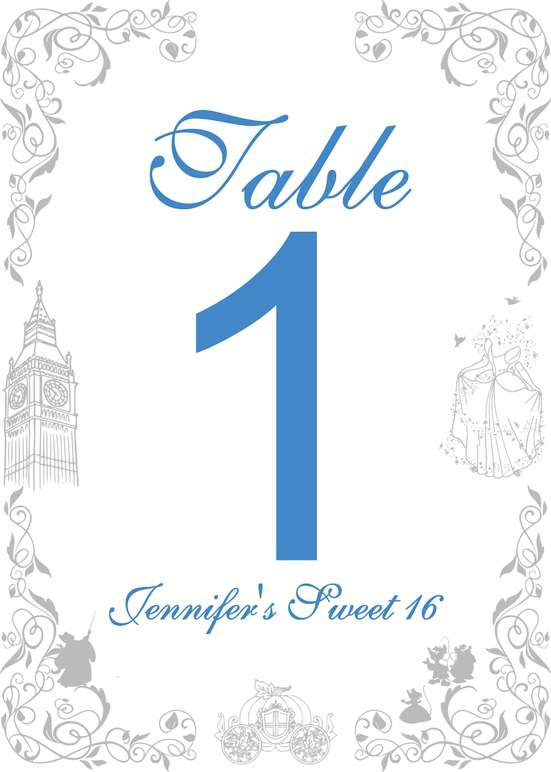Cinderella Table Numbers Sweet 16 Birthday Table Cards image 3